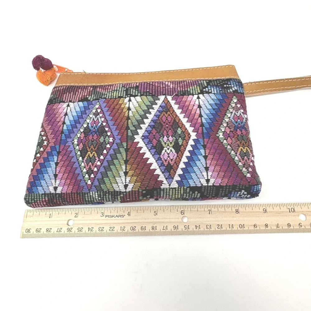 Woven Textile Geometric Wristlet Clutch Bag‎ Zippered Huipil Style Leather Trim